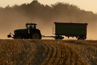 Ein Traktor steht mit einem Anhänger auf einem abgeernteten Feld