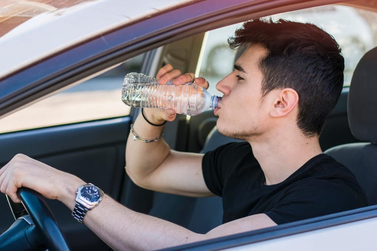 Sommer: Vergessen Sie bei Hitze nicht, ausreichend zu trinken – das gilt natürlich auch auf langen Autofahrten.