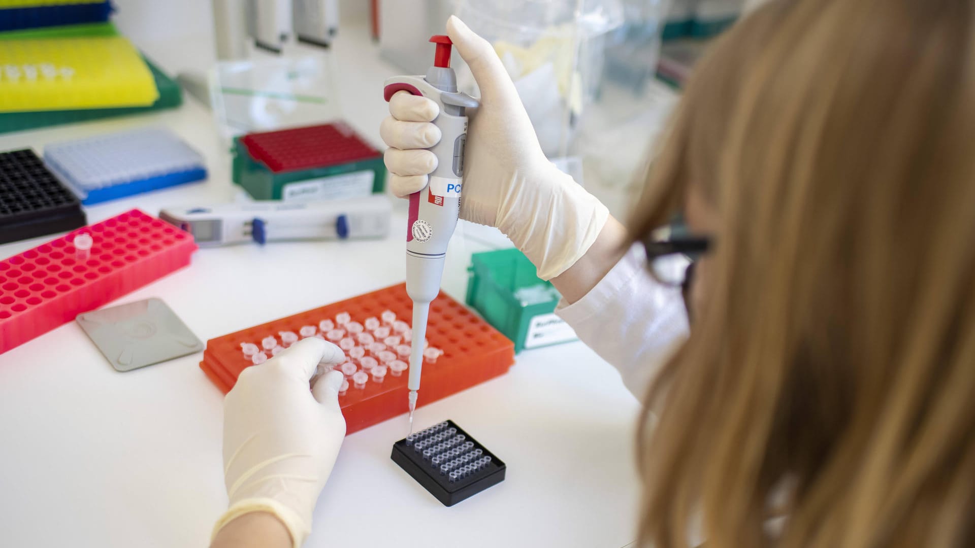 Laborantin in einem PCR-Labor in Berlin (Archivbild). Die Gesundheitsämter melden weniger Corona-Infektionen.