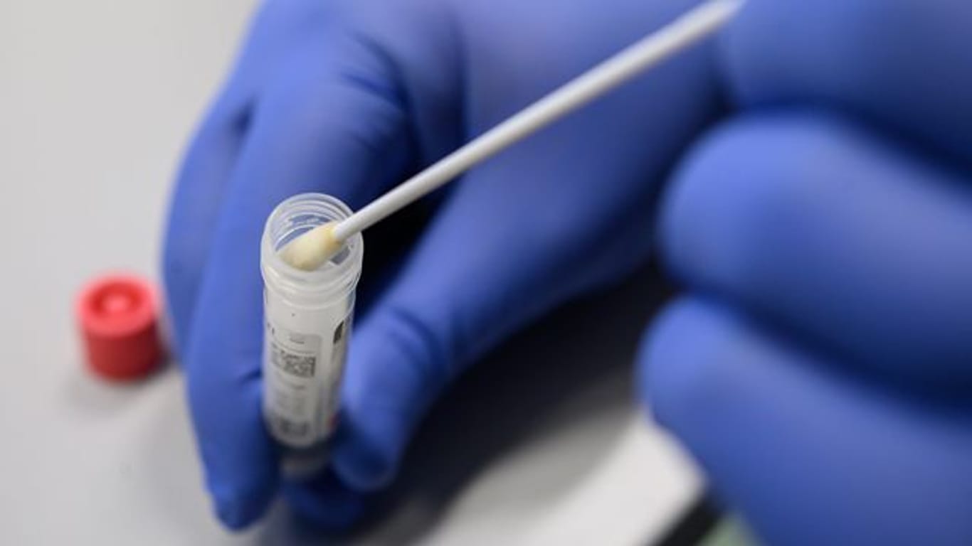 Ein Mann zeigt einen Abstrich für das Testverfahren auf das Virus Sars-CoV-2 (Symbolbild): Die fortschreitende Impfkampagne soll eine weitere Ausbreitung der Variante verhindern.