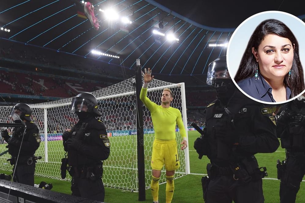 Der ungarische Torwart Péter Gulácsi verabschiedet sich nach dem Spiel gegen Deutschland von den Fans: Um Gewalt nach dem Spiel zu vermeiden, ist auch die Polizei im Stadion.