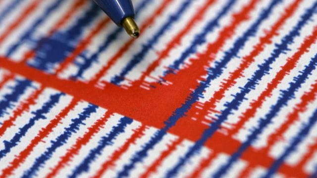 Ein Kugelschreiber zeigt auf den rot markierten Erdbeben-Ausschlag auf einem Seismographen-Ausdruck (Symbolbild): Bei Straßburg hat es ein Erdbeben gegeben.