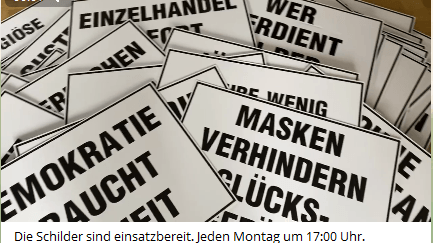 Schilder für Schilderdemos: Die von E. verbreitete Aktionsidee wurde von prominenten "Querdenkern" rege beworben.