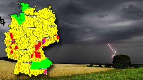 Die Karte der Unwetterzentrale färbt sich vielerorts rot. Örtlich kann es richtig krachen