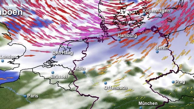 Simulation der Windgeschwindigkeiten über Norddeutschland am Donnerstagnachmittag Simulation der Windgeschwindigkeiten über Norddeutschland am Donnerstagnachmittag