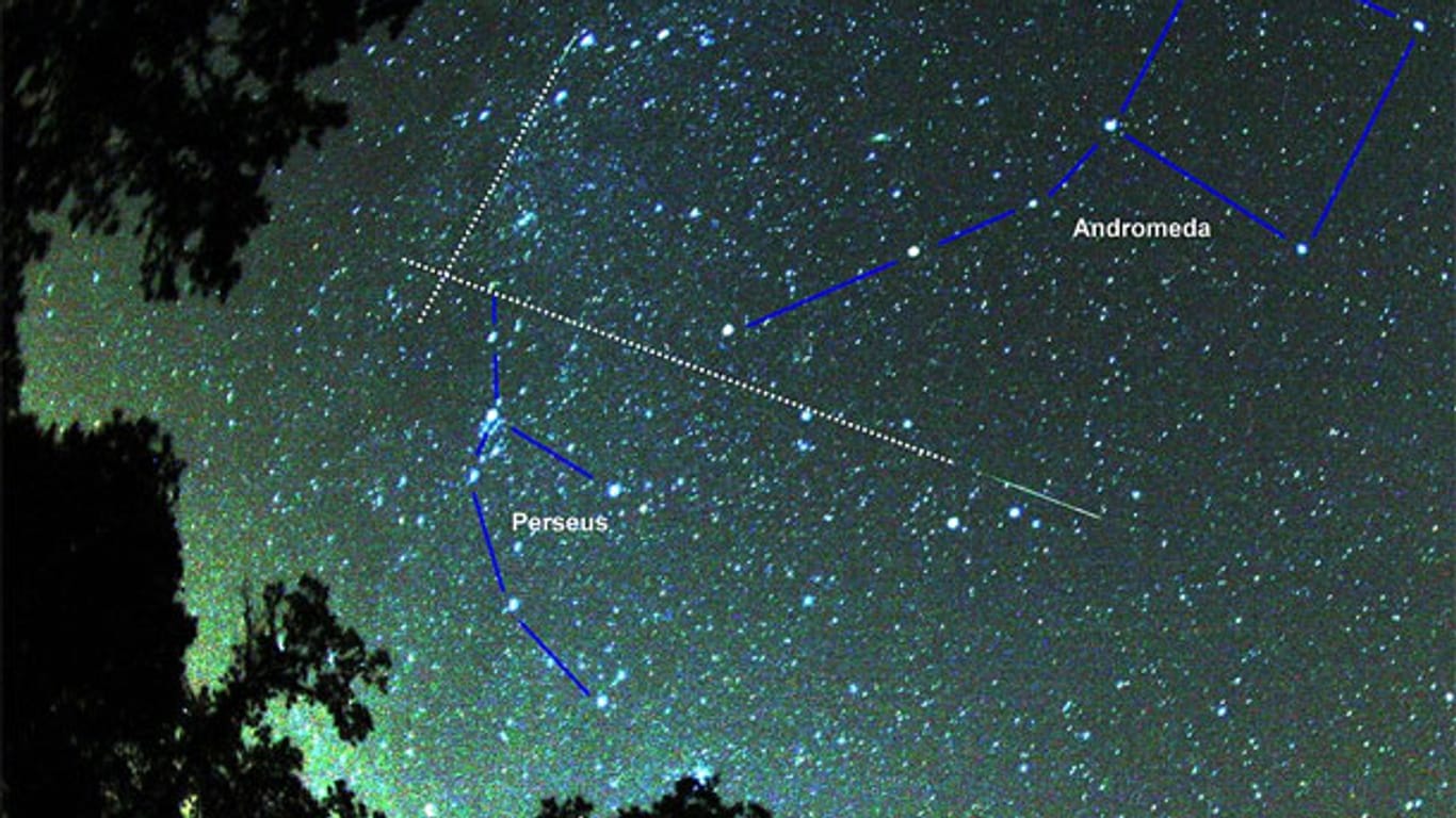 Der "Radiant", also die scheinbare Quelle des Perseiden-Sternschnuppenregens, liegt im Schnittpunkt der weißen Linien im Sternbild des Perseus.