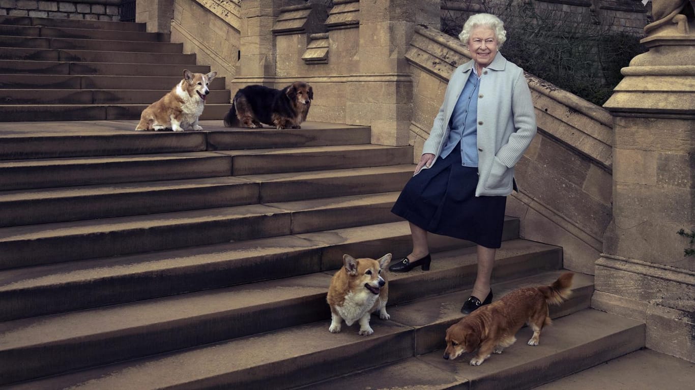 Die Queen mit ihren geliebten Hunden, porträtiert von Annie Leibovitz. Von links oben im Uhrzeigersinn: Willow (Corgi), Vulcan (Dorgie), Candy (Dorgie) und Holly (Corgi).