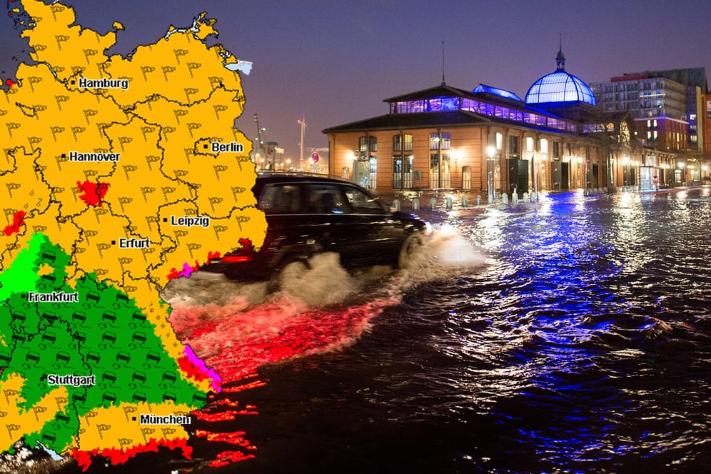 In Hamburg hat eine Sturmflut den Fischmarkt unter Wasser gesetzt.