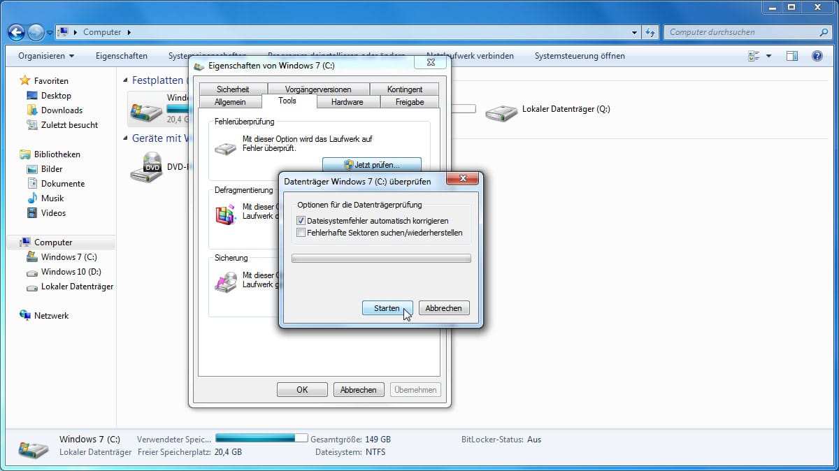 In Windows 7 schalten Sie das Kontrollkästchen Dateisystemfehler automatisch korrigieren ein.