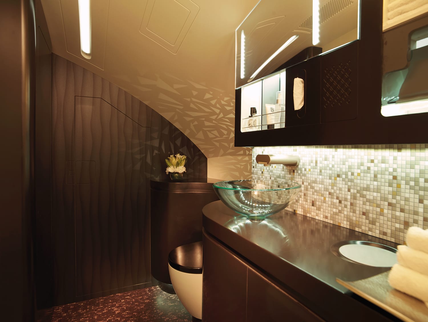 Duschen auf 10.000 Metern Höhe? In der A380 von Etihad kein Problem: Für die First Class Passagiere bietet man ein voll ausgestattetes Badezimmer.