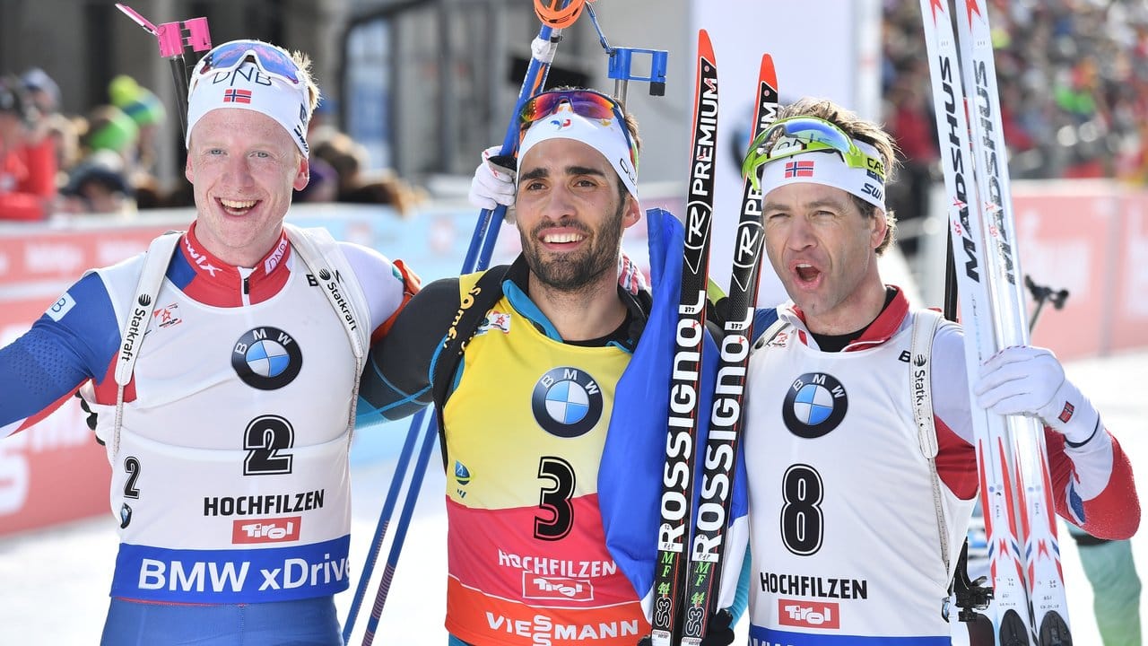 Weltmeister Martin Fourcade (M), Johannes Thingnes Bö (l, Silber) und Ole Einar Björndalen (Bronze).