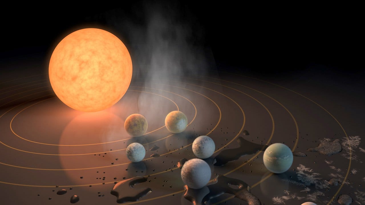 Die künstlerische Darstellung zeigt das mögliche Aussehen des Planetensystems von Trappist-1. Die künstlerische Darstellung zeigt das mögliche Aussehen des Planetensystems von Trappist-1.