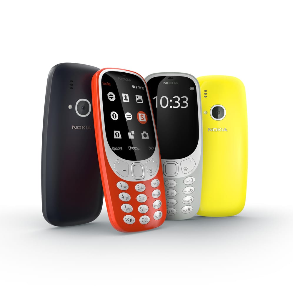 Die Neuauflage des Nokia 3310 kommt zusätzlich zum gewohnten Grau in den Farben Rot, Gelb und Blau.