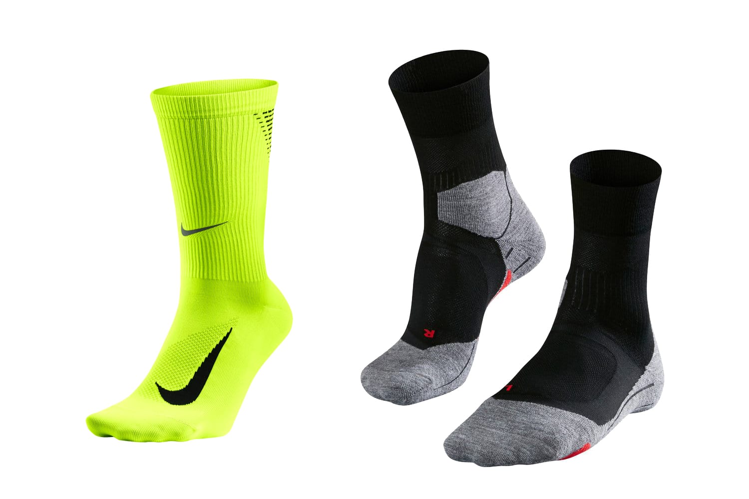 Nike setzt bei Socken auf eigens entwickelte Dri-Fit-Technologie, Falke verwendet hochwertiges Lyocell (um 18 Euro) für angenehm trockenen Komfort.