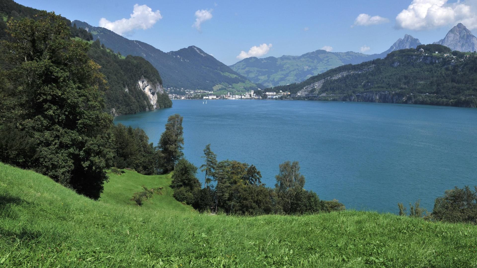 Totaler Blick von der Rütliwiese auf den Ummersee im Kanton Schwyz.