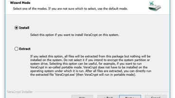 Bei der Installation von VeraCrypt wird die Option Install markiert, nicht "Extract".