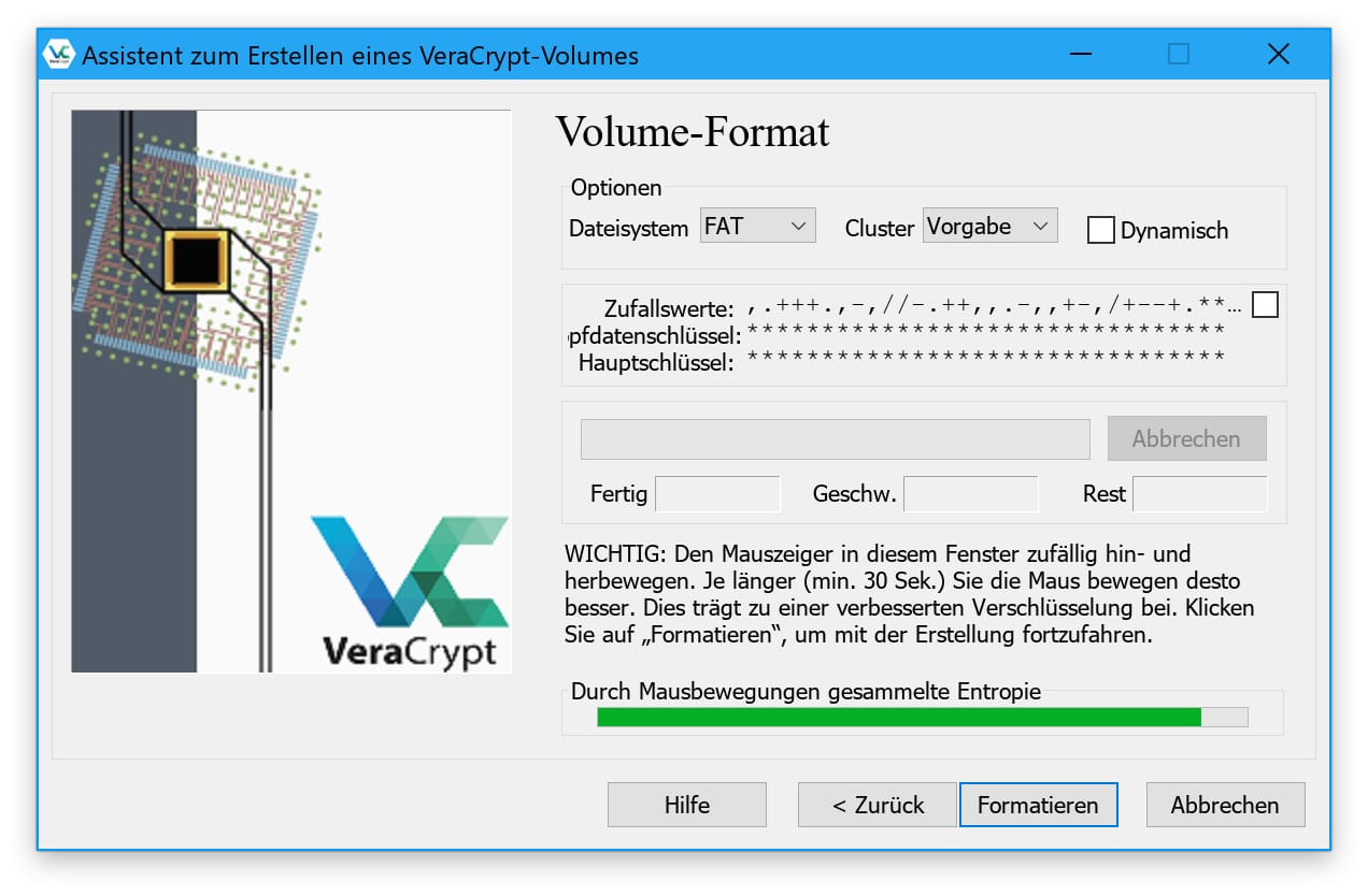 Durch Bewegen der Maus sammelt VeraCrypt zufällige Daten, die dann für die Formatierung eingesetzt werden.