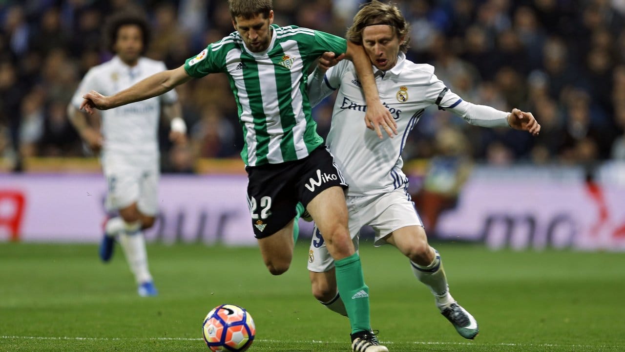 Real Madrids Luka Modric (r) kämpft gegen Darko Brasanac von Betis Sevilla um den Ball.