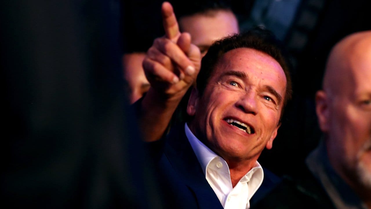 Arnold Schwarzenegger verfolgt den Kampf als Zuschauer im Wembley-Stadion.