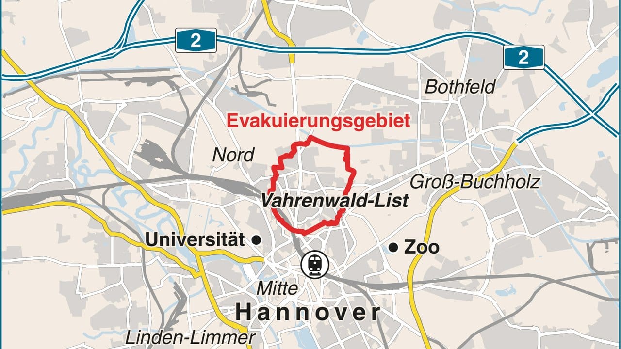 Karte des Evakuierungsgebiets in Hannover. Karte des Evakuierungsgebiets in Hannover.