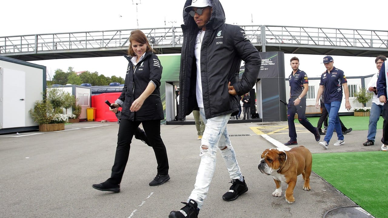 Lewis Hamilton bringt seinen Hund Roscoe mit zur Formel-1-Medienrunde am Circuit de Catalunya in Barcelona.