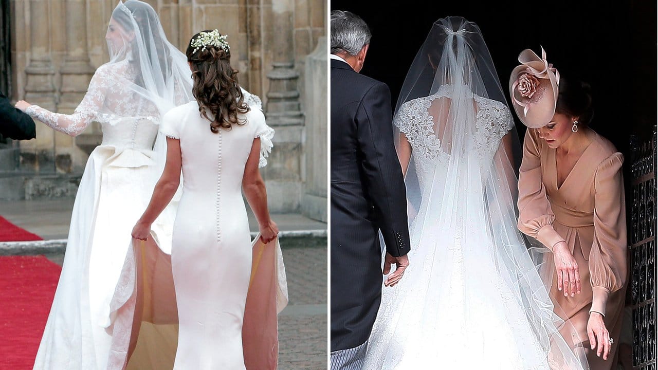Erst Brautjunger, jetzt Braut: Pippa Middleton bei der Hochzeit ihrer Schwester Kate (links).