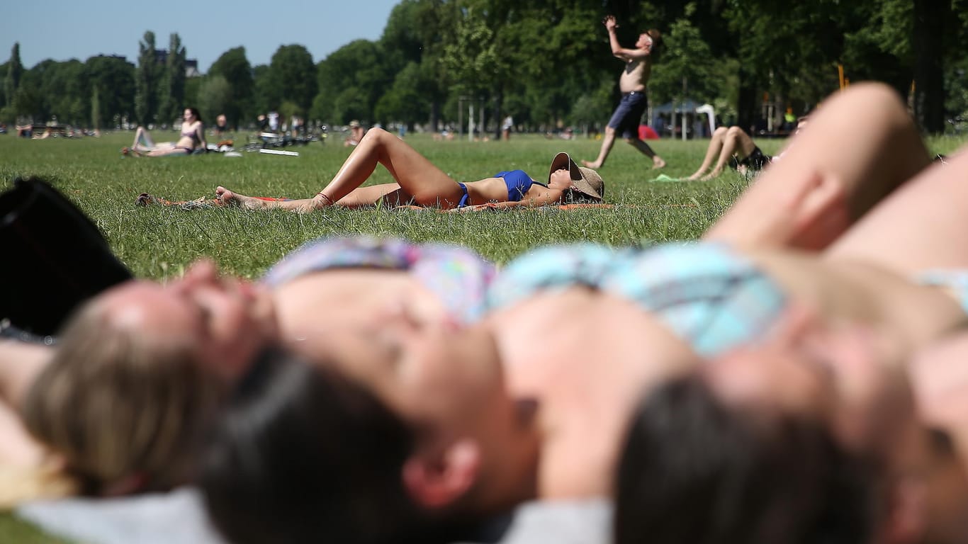 Im Düsseldorfer Rheinpark genießen die Menschen das sommerliche Wetter.