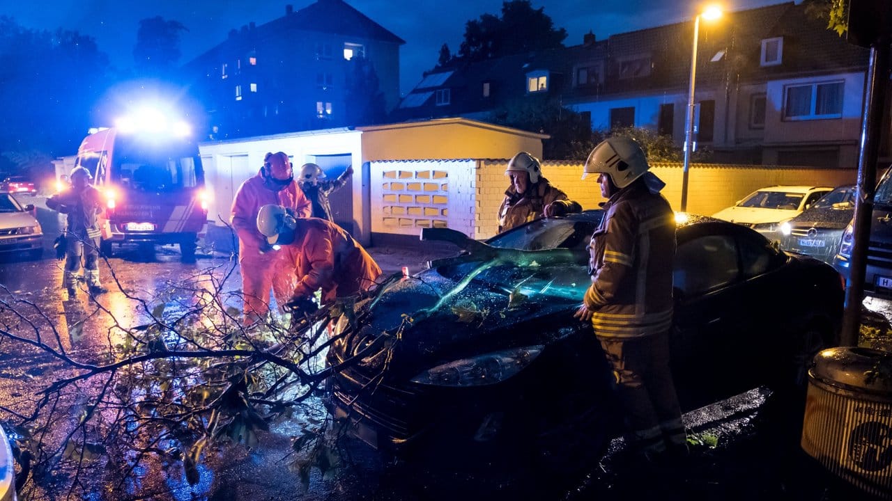 Feuerwehrmänner schneiden nach einem schweren Unwetter in Hannover ein Fahrzeug unter einem Baum frei. Feuerwehrmänner schneiden nach einem schweren Unwetter in Hannover ein Fahrzeug unter einem Baum frei.