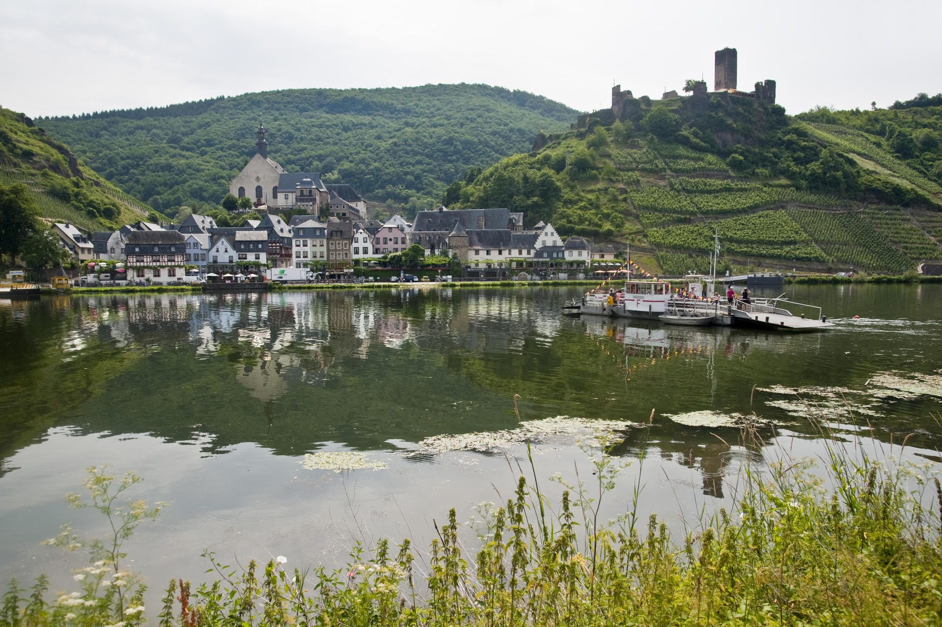 Blick auf die Ortschaft Beilstein mit der Burgruine Metternich. Darunter die aus der Mosel hervorsprießenden, steilen Weinberghänge.