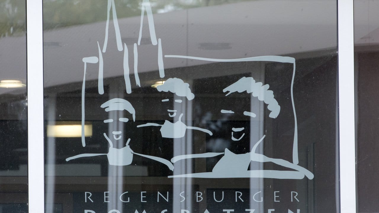 Das Logo der Domspatzen auf einem Fenster am Gebäude des Gymnasiums.