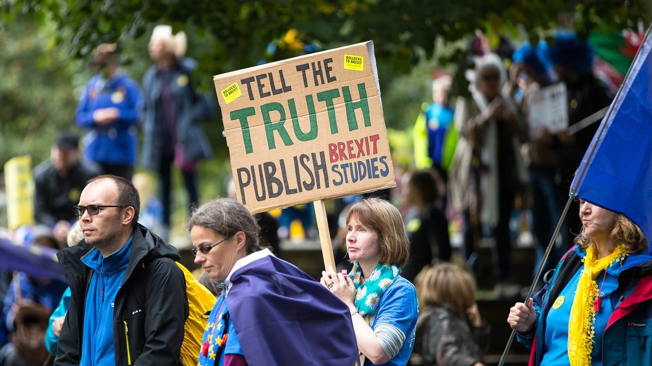 "Stop-Brexit"-Demonstration mit der Forderung "Sagt die Wahrheit, veröffentlicht Brexit-Studien". "Stop-Brexit"-Demonstration mit der Forderung "Sagt die Wahrheit, veröffentlicht Brexit-Studien".