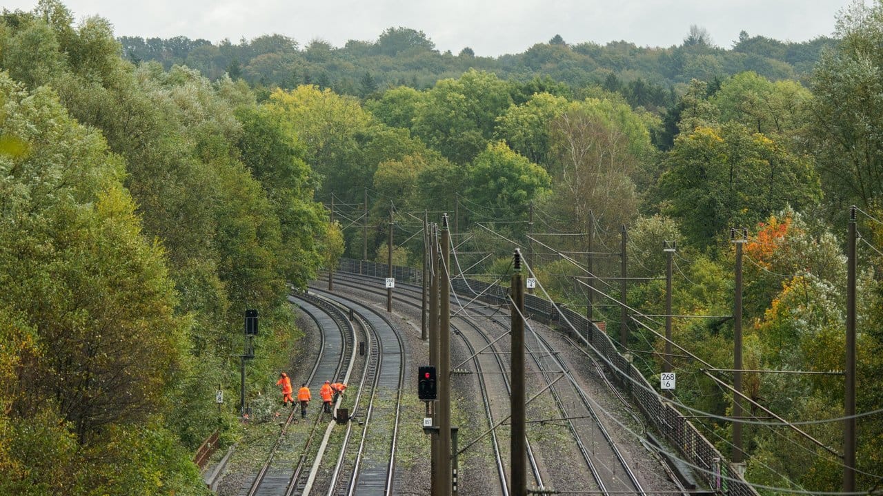 Arbeiter auf der Bahnstrecke zwischen Bergedorf und Aumühle in Schleswig-Holstein. Arbeiter auf der Bahnstrecke zwischen Bergedorf und Aumühle in Schleswig-Holstein.