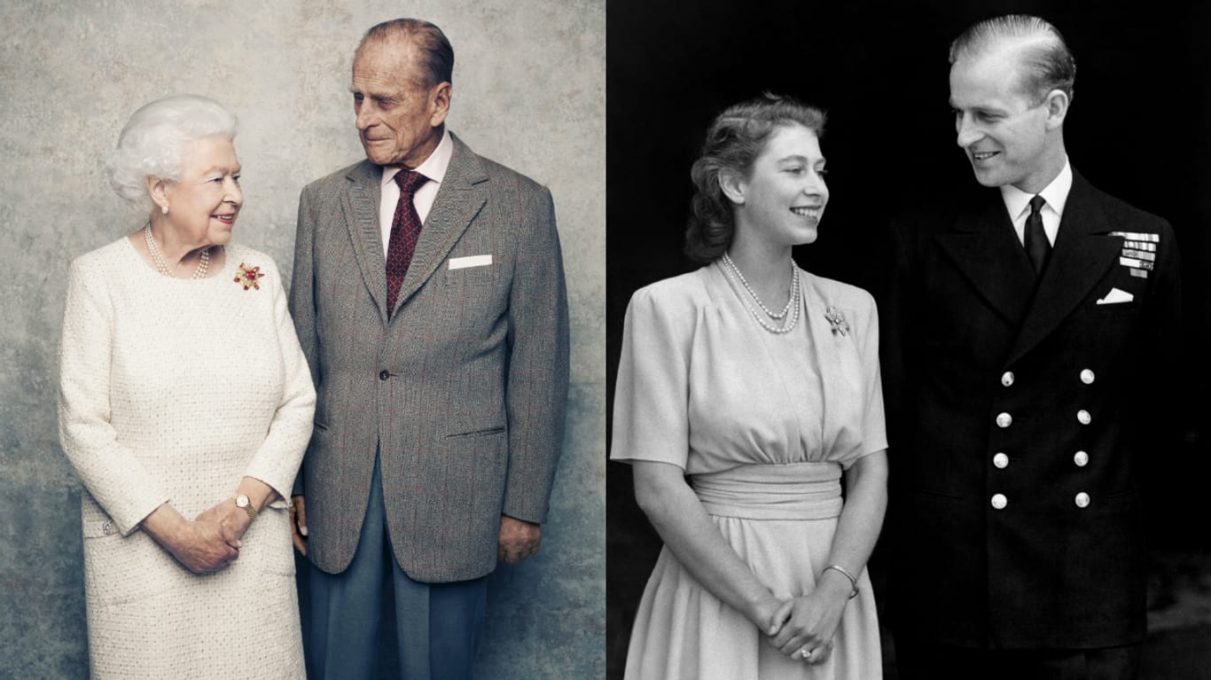 Die Queen und Prinz Philip: links 2017 und rechts im Jahr 1947.