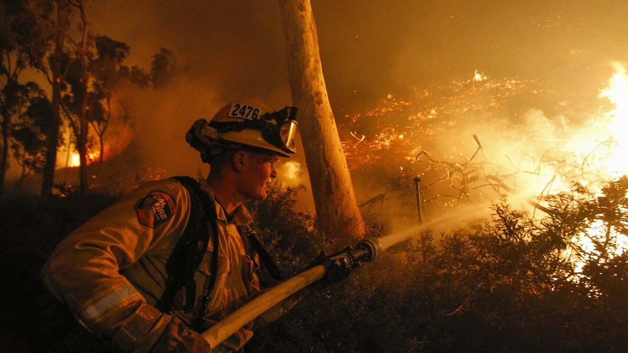 Ein Feuerwehrmann löscht bei San Diego einen Buschbrand an einem Hügel hinter den Geschäften des River Village Einkaufszentrums.