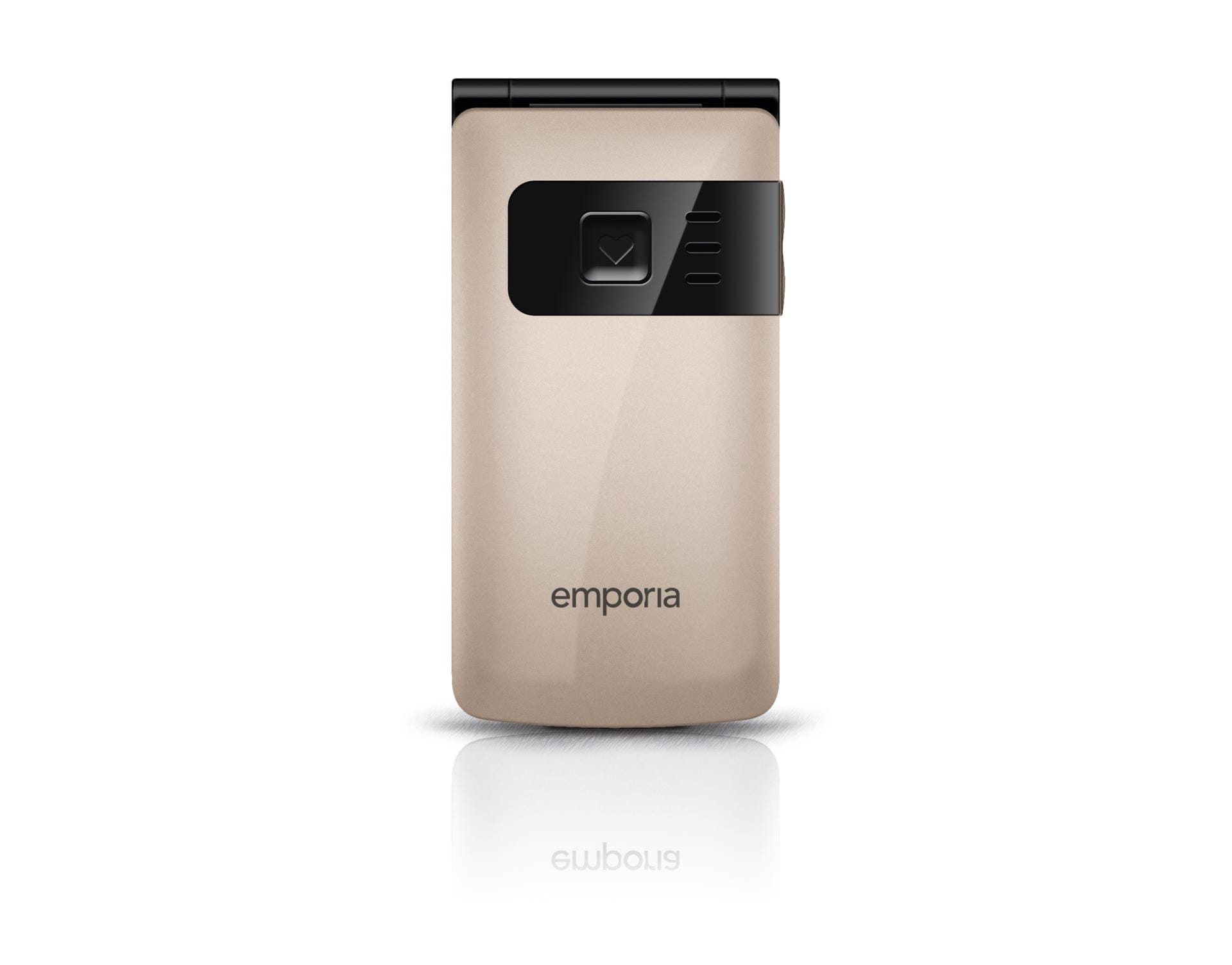 Beim Klapphandy Flip Basic (rund 50 Euro) hat Emporia den Notrufknopf dezent in der schwarzen Zierleiste untergebracht. Nur wenn man genau hinschaut, erkennt man den Button mit Herz-Symbol darauf.