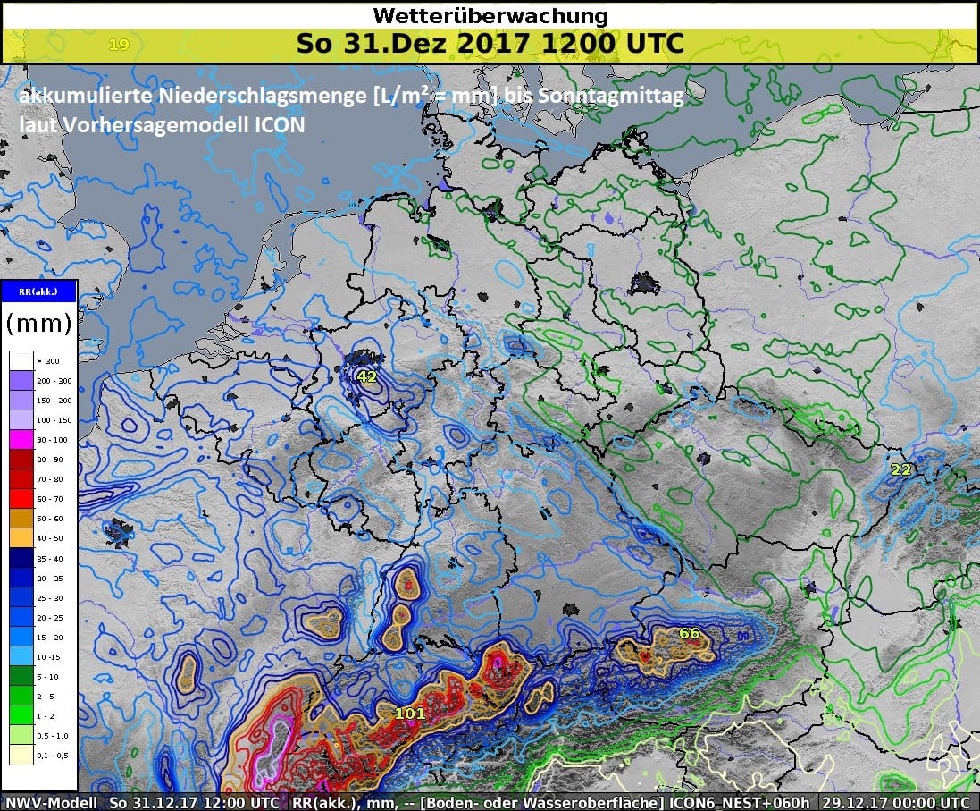 Die Karte des Deutschen Wetterdienstes zeigt die erwarteten Niederschlagsmengen bis zwölf Uhr mittags an Silvester: Vor allem im Schwarzwald kann es zu starken Regenfällen kommen.