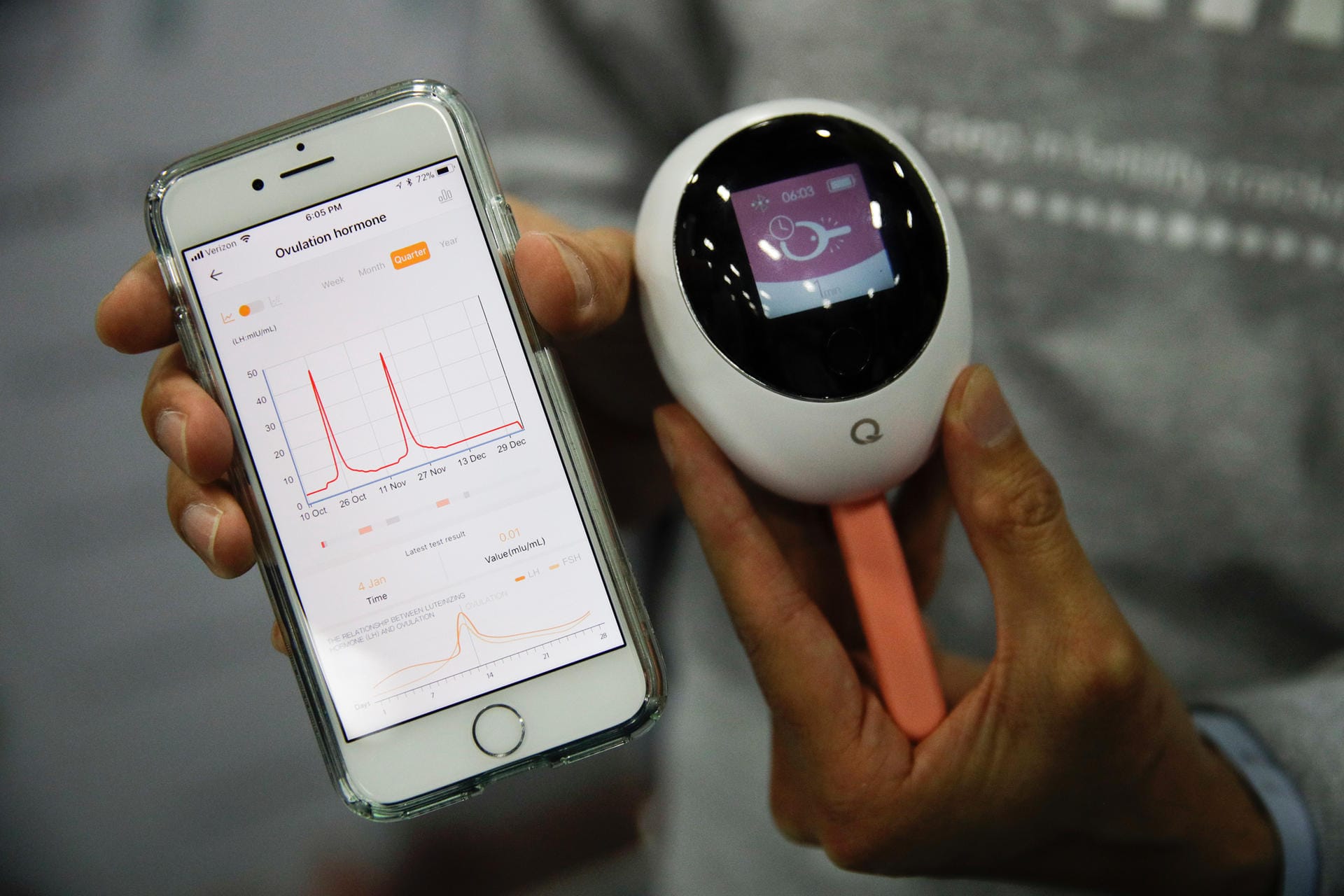 Mira Fertility: Ein Gerät zum Beobachten des Eisprungs, das mit einem Smartphone verbunden ist. Wo genau der orange Stick den Eisprung misst, ist noch nicht bekannt.