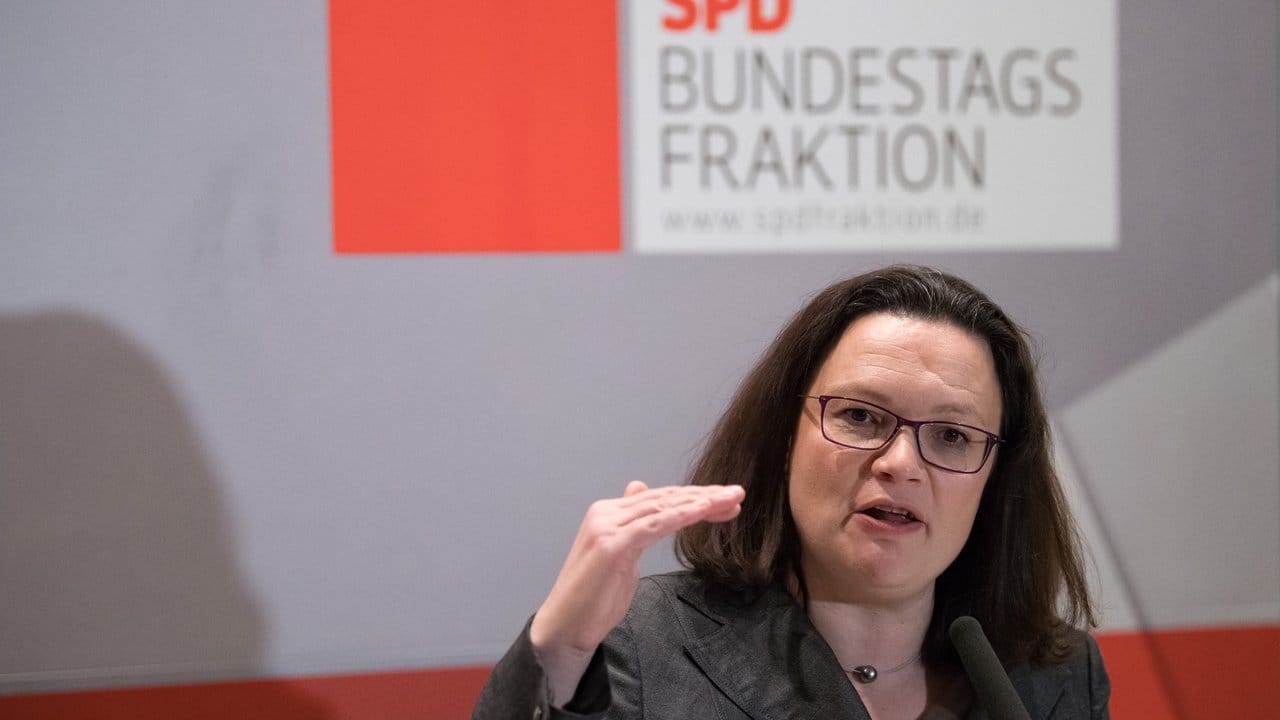 Die SPD-Fraktionsvorsitzende Andrea Nahles gibt am Freitag während der Fraktionssitzung ihrer Partei im Reichstag Interviews.