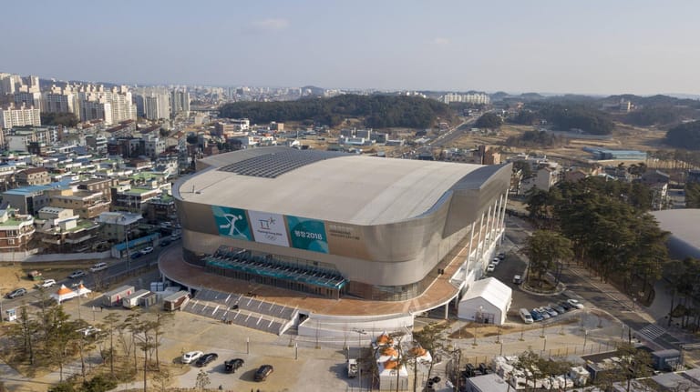 Das Gangneung Hockey Centre: Hier finden die Eishockeyspiele der olympischen Winterspiele von Pyeongchang statt.