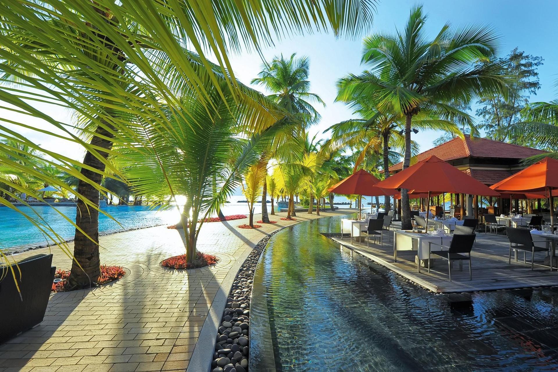 Poolanlage im neuen Club Med Sainte Anne. Ab Ende 2019 bietet der Club die komplette Ferieninsel auf den Seychellen an.