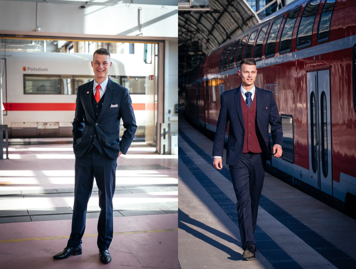 Die alte und die neue Unternehmensbekleidung der Deutschen Bahn im Vergleich.