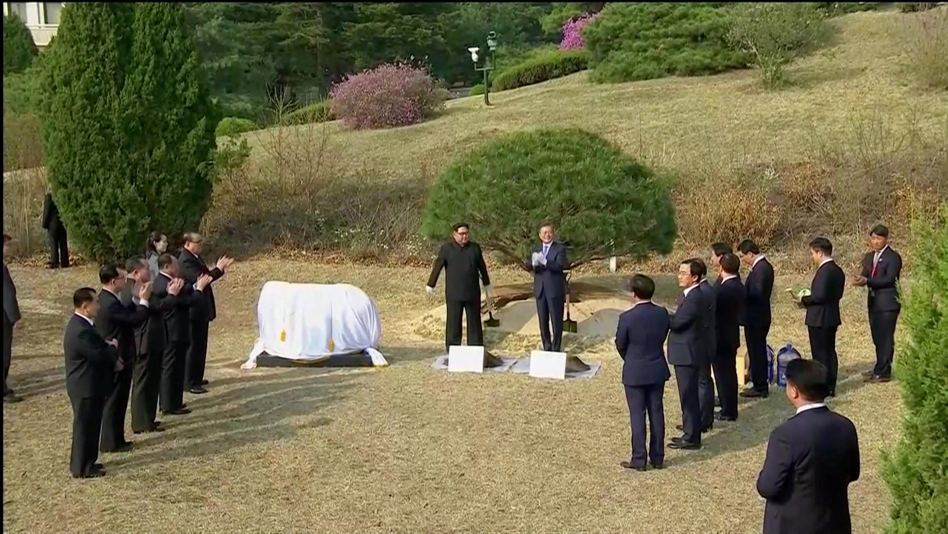 Kim und Moon enthüllten zudem eine Steinplatte neben dem Baum, auf dem die Botschaft "Frieden und Wohlstand sind gepflanzt" zu lesen war.