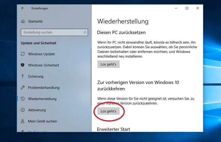 Suchen Sie "Zur vorherigen Version von Windows 10 zurückkehren" und drücken Sie auf "Los geht's".