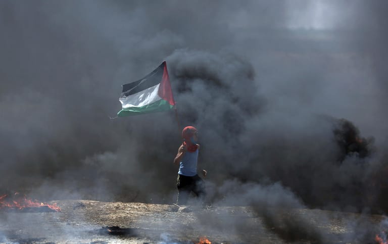 Auch Kinder und Jugendliche nehmen an den Protesten teil: Ein Junge schwenkt eine palästinensische Fahne im dichten Rauch.