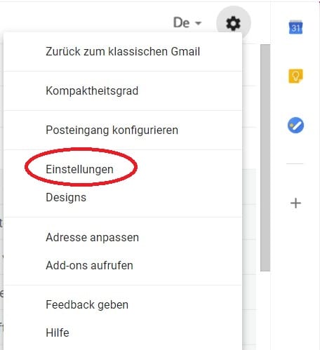 Um Offline-Mails zu aktivieren, klicken Sie erneut auf das Zahnrad. Dann auf "Einstellungen."