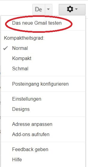 Wählen Sie dann "Das neue Gmail testen." Das Programm wechselt nun in die neue Version.