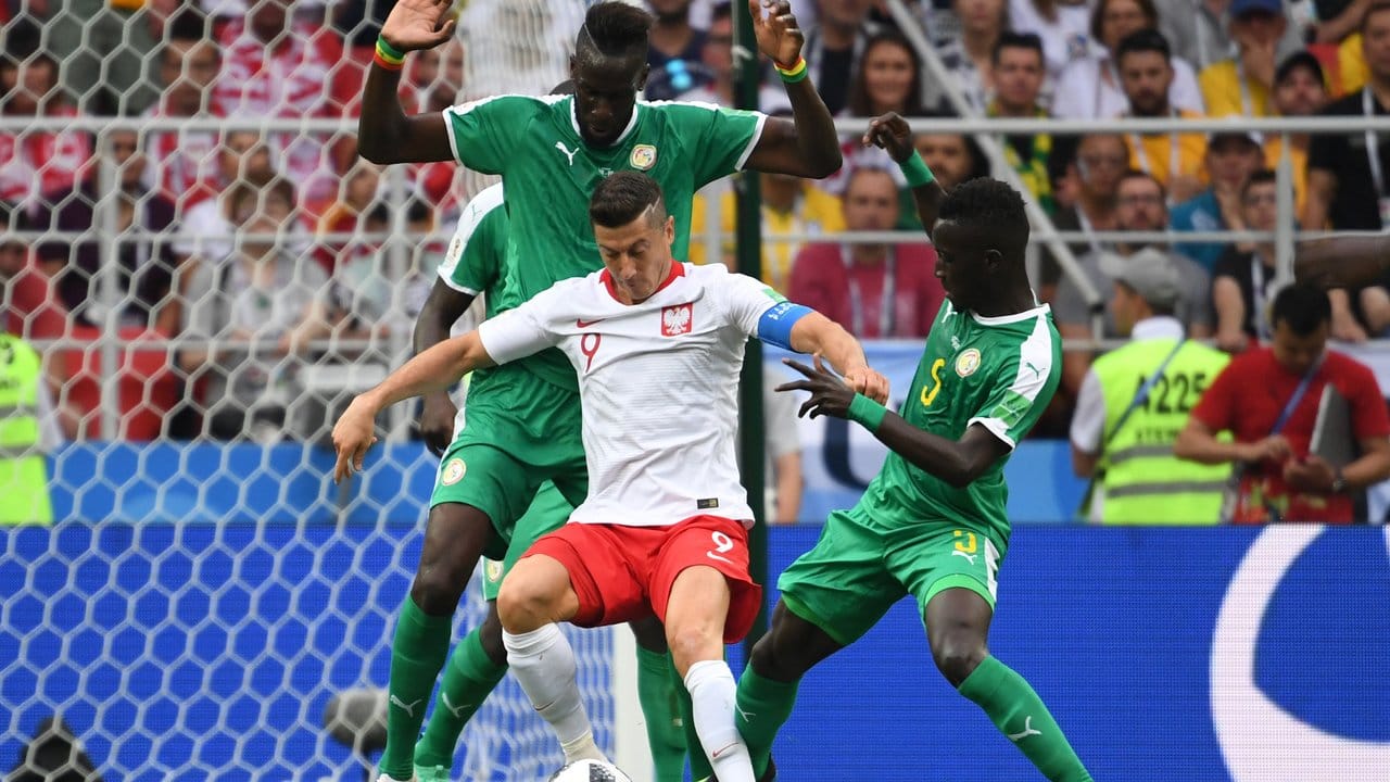 Polens Robert Lewandowski (M) kämpft mit den Senegalesen Salif Sane (l) und Idrissa Gueye um den Ball.