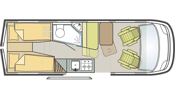 Grundriss des Adria Twin 640 SL: Der Twin 640 SL bietet ausreichend Raum für zwei Passagiere samt Gepäck.