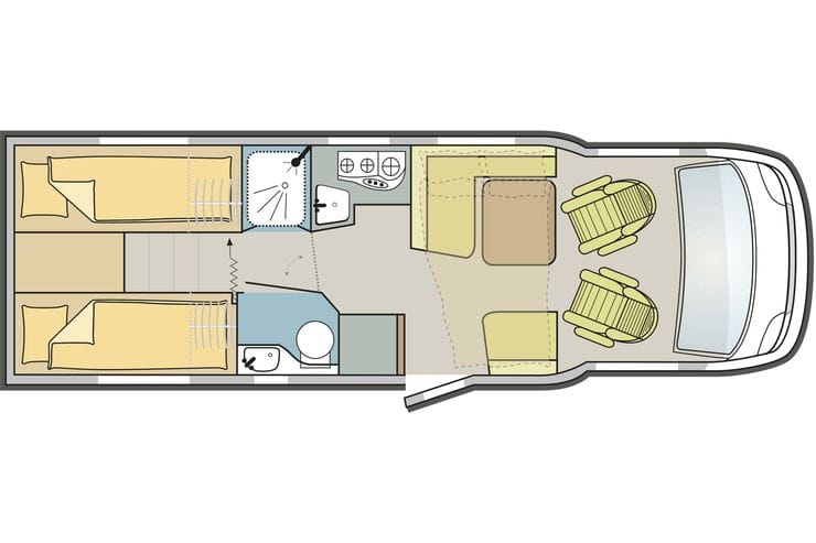 Grundriss des Adria Matrix Plus 670 SL: Der beliebteste Grundriss bei Teilintegrierten bietet Einzelbetten im Heck und ein Raumbad.