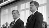 21. April 1989: Horst Seehofer, seit 1980 im Bundestag, wird im Zuge einer Kabinettsumbildung Parlamentarischer Staatssekretär im Arbeits- und Soziaministerium, hier im Bild mit seinem Vorgänger Stefan Höpfinger.